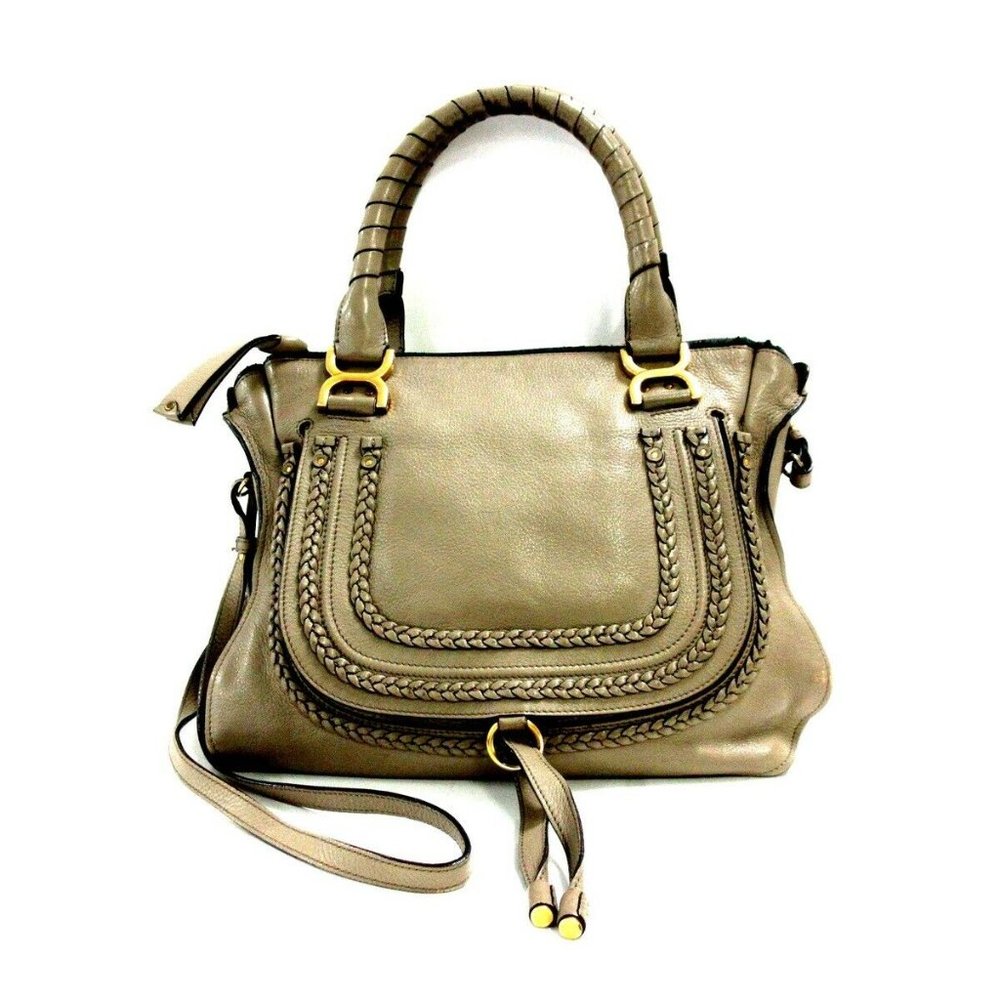 Auth Chloe Marcie Gray Beige Leather Handbag